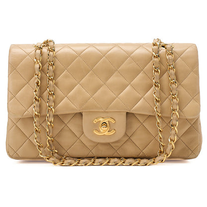 CHANEL Lambskin Matelasse Double Flap 25 Chain Shoulder Beige Gold -Tone Hardware, Pre-Owned