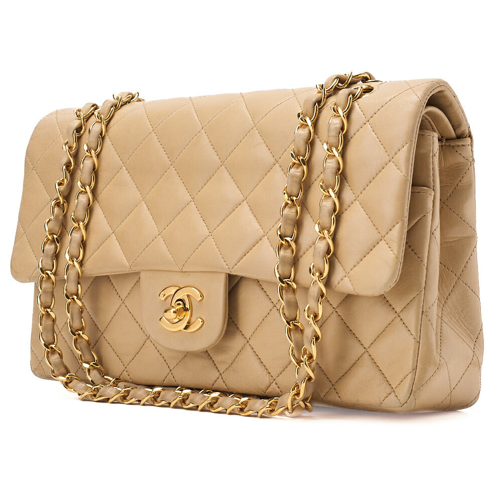 CHANEL Lambskin Matelasse Double Flap 25 Chain Shoulder Beige Gold -Tone Hardware, Pre-Owned