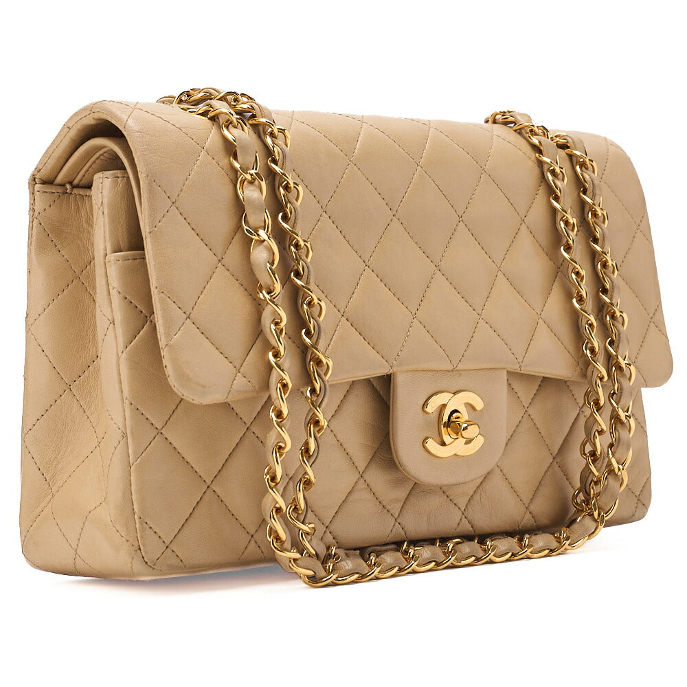 CHANEL Lambskin Matelasse Double Flap 25 Chain Shoulder Beige Gold -Tone Hardware, Pre-Owned