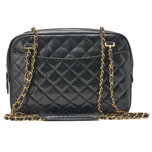 CHANEL Matelasse with Pull Charm Round Double Chain Shoulder Bag Lambskin Black Gold-Tone Hardware, Pre-Owned