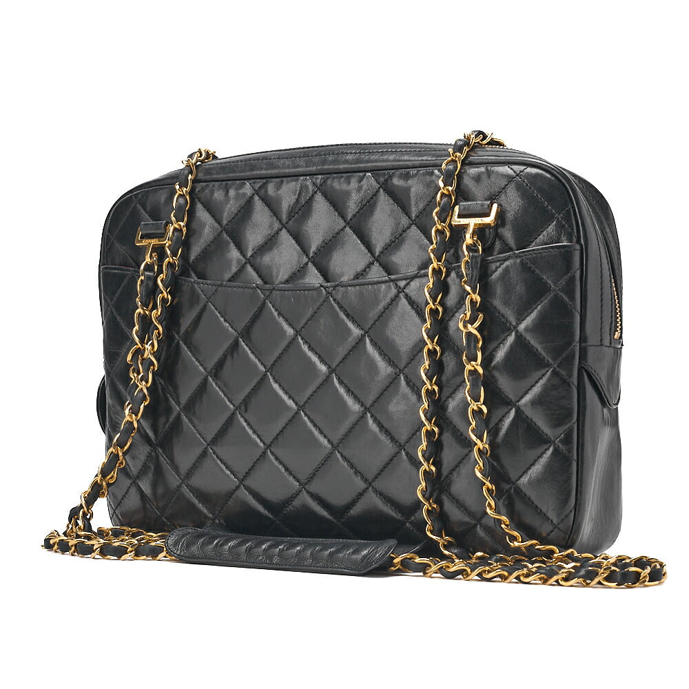 CHANEL Matelasse with Pull Charm Round Double Chain Shoulder Bag Lambskin Black Gold-Tone Hardware, Pre-Owned