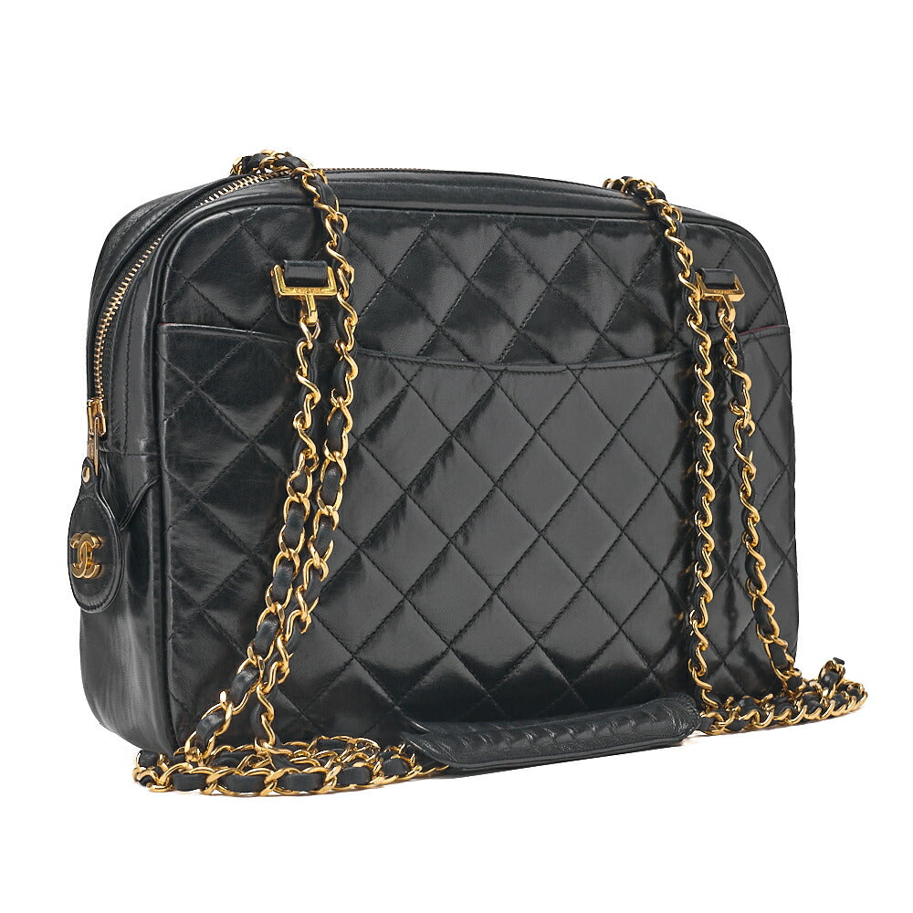 CHANEL Matelasse with Pull Charm Round Double Chain Shoulder Bag Lambskin Black Gold-Tone Hardware, Pre-Owned