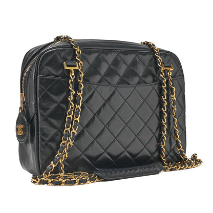 CHANEL Matelasse with Pull Charm Round Double Chain Shoulder Bag Lambskin Black Gold-Tone Hardware, Pre-Owned
