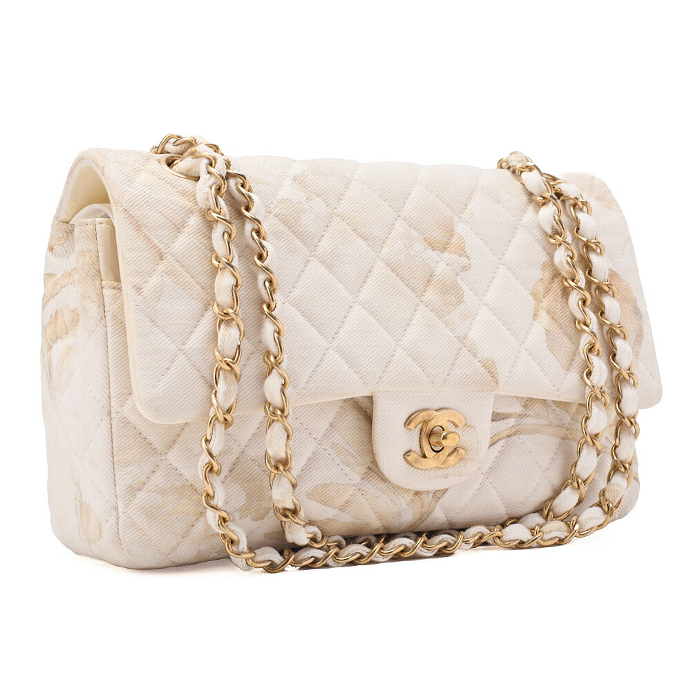 CHANEL Canvas Matelasse 25cm Double Flap Chain Shoulder Ivory Gold-Tone Hardware, Pre-Owned