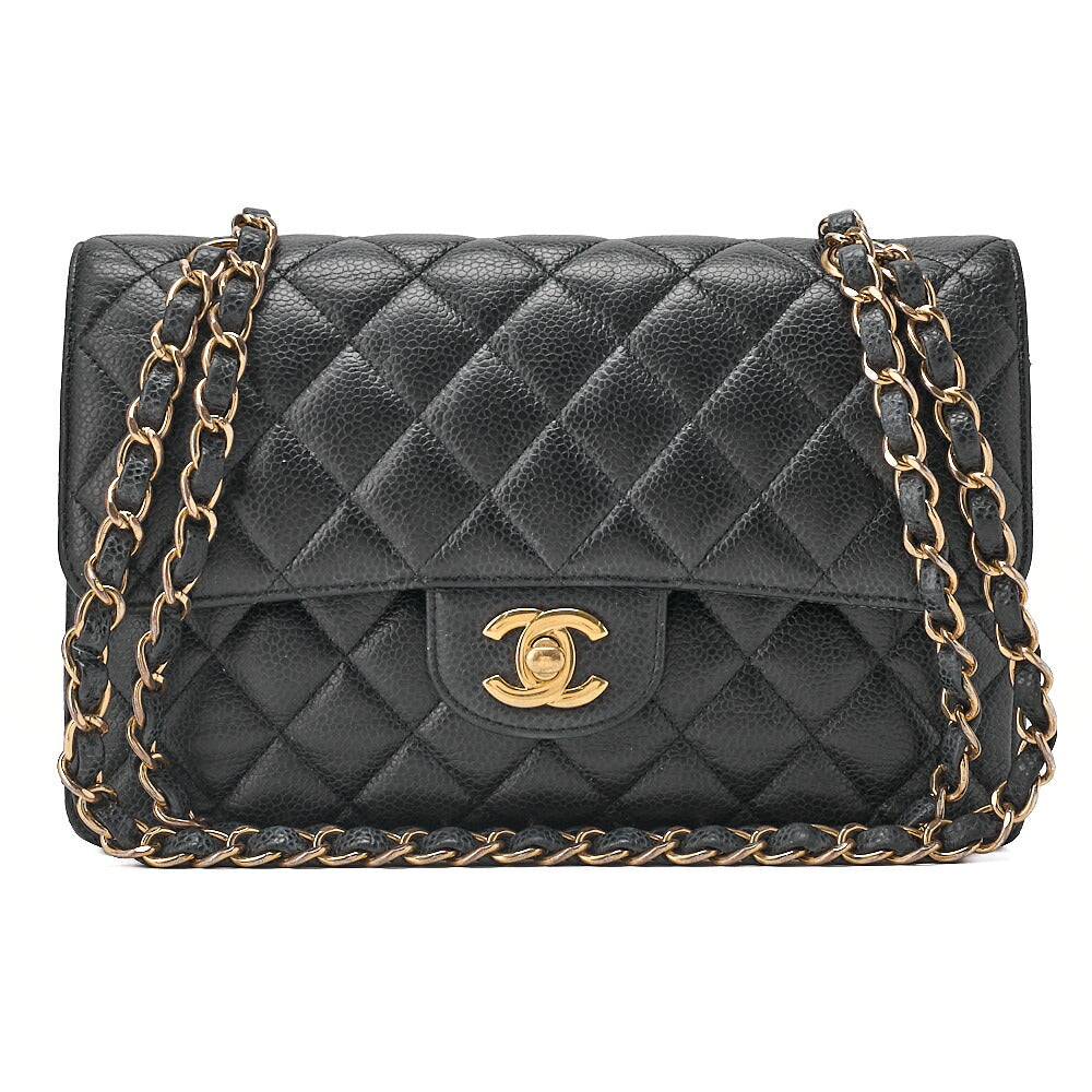 CHANEL Caviar Skin Matelasse 23cm Double Flap Chain Shoulder Black Gold-Tone Hardware, Pre-Owned