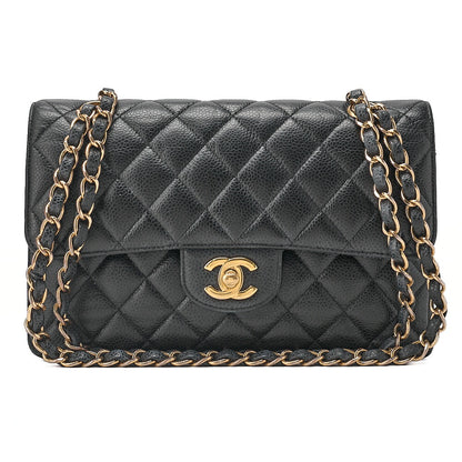 CHANEL Caviar Skin Matelasse 23cm Double Flap Chain Shoulder Black Gold-Tone Hardware, Pre-Owned
