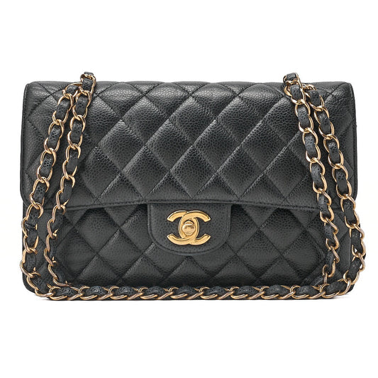 CHANEL Caviar Skin Matelasse 23cm Double Flap Chain Shoulder Black Gold-Tone Hardware, Pre-Owned