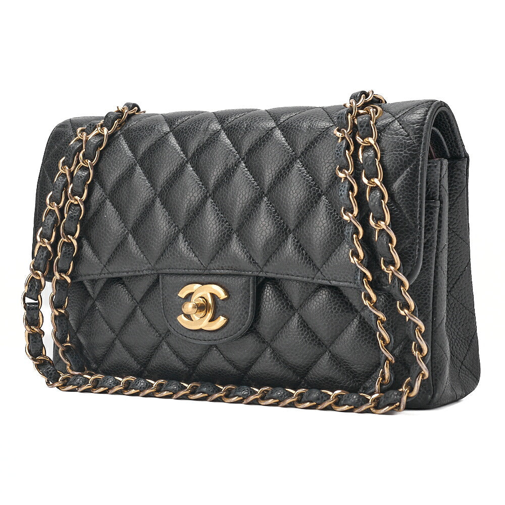 CHANEL Caviar Skin Matelasse 23cm Double Flap Chain Shoulder Black Gold-Tone Hardware, Pre-Owned