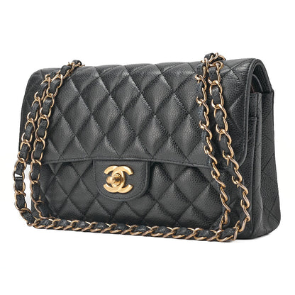 CHANEL Caviar Skin Matelasse 23cm Double Flap Chain Shoulder Black Gold-Tone Hardware, Pre-Owned