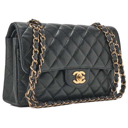 CHANEL Caviar Skin Matelasse 23cm Double Flap Chain Shoulder Black Gold-Tone Hardware, Pre-Owned