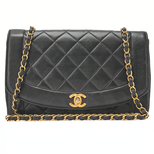 CHANEL Lambskin Matelasse Diana Flap Chain Shoulder Black Gold-Tone Hardware, Pre-Owned