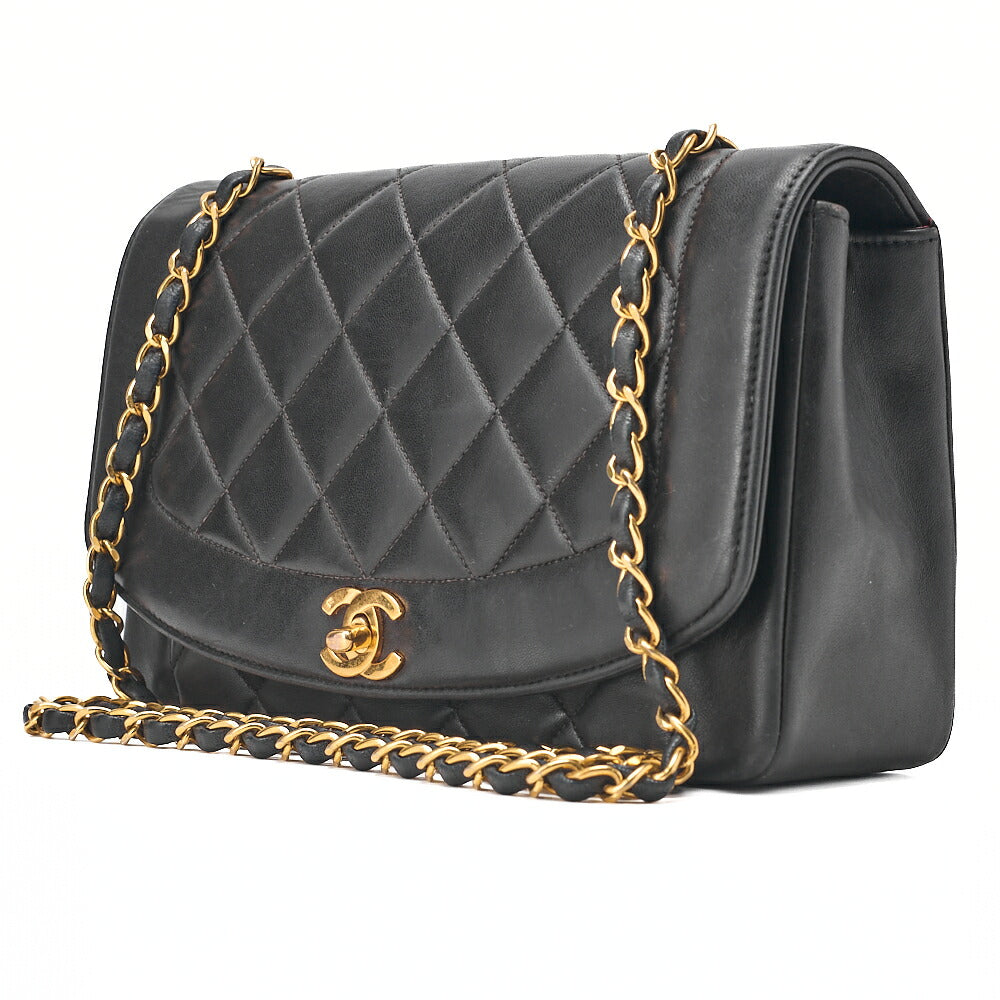 CHANEL Lambskin Matelasse Diana Flap Chain Shoulder Black Gold-Tone Hardware, Pre-Owned