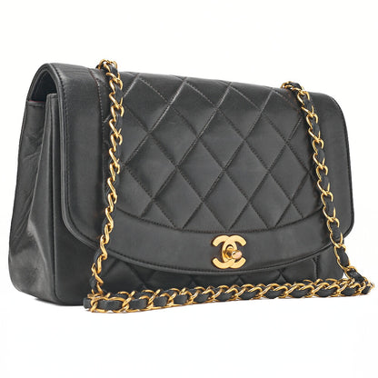 CHANEL Lambskin Matelasse Diana Flap Chain Shoulder Black Gold-Tone Hardware, Pre-Owned