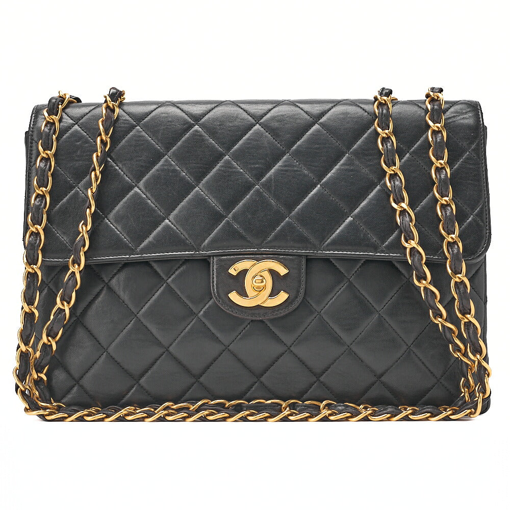 CHANEL Deka Matelasse 30 Chain Shoulder Bag Lambskin Black Gold-Tone Hardware, Pre-Owned
