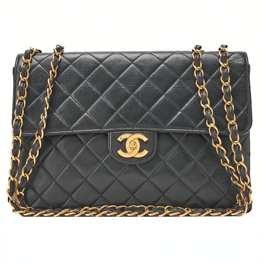 CHANEL Deka Matelasse 30 Chain Shoulder Bag Lambskin Black Gold-Tone Hardware, Pre-Owned