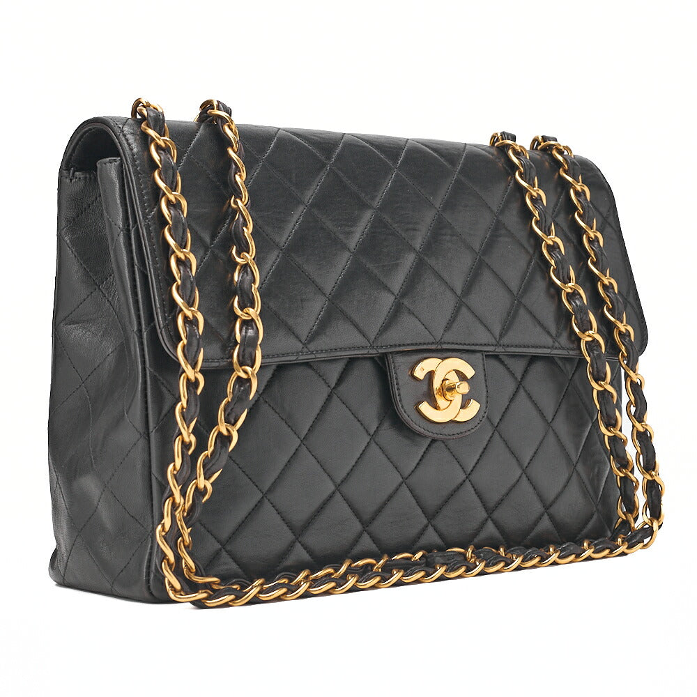 CHANEL Deka Matelasse 30 Chain Shoulder Bag Lambskin Black Gold-Tone Hardware, Pre-Owned