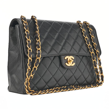 CHANEL Deka Matelasse 30 Chain Shoulder Bag Lambskin Black Gold-Tone Hardware, Pre-Owned