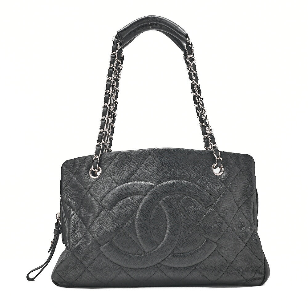 CHANEL Caviar Skin Matelasse DekaCoco Mark Chain Tote Bag Black Silver-Tone Hardware, Pre-Owned