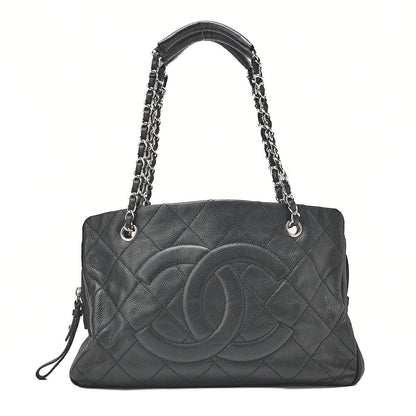 CHANEL Caviar Skin Matelasse DekaCoco Mark Chain Tote Bag Black Silver-Tone Hardware, Pre-Owned