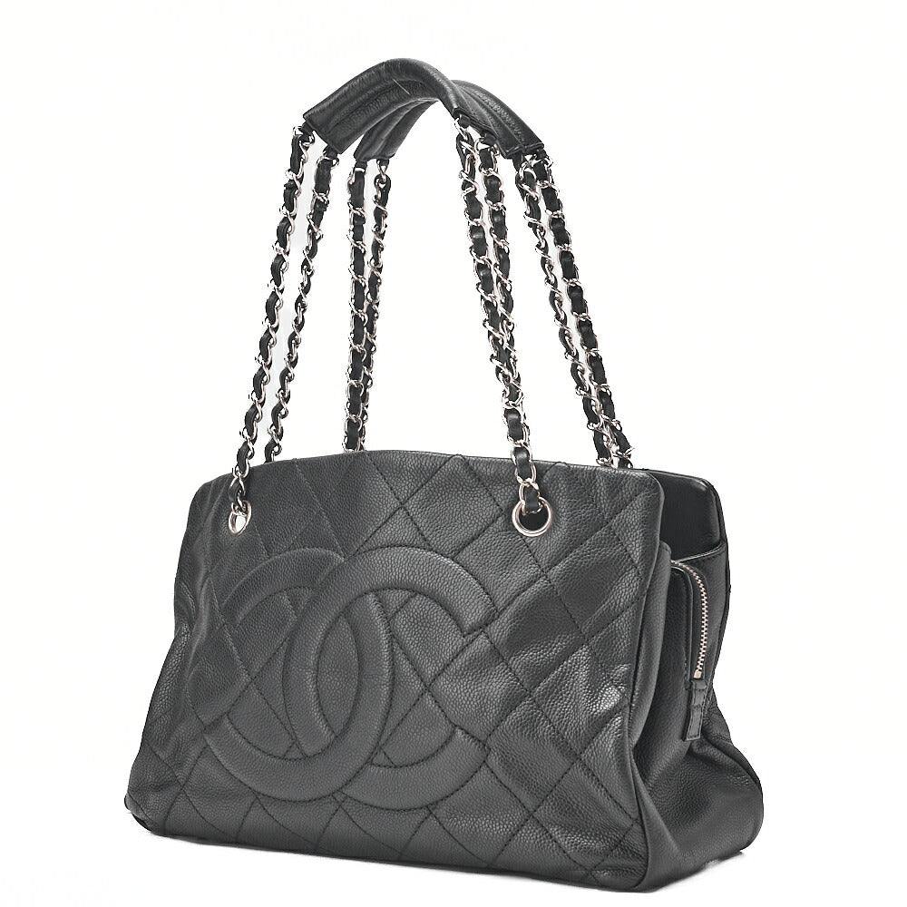 CHANEL Caviar Skin Matelasse DekaCoco Mark Chain Tote Bag Black Silver-Tone Hardware, Pre-Owned