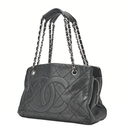 CHANEL Caviar Skin Matelasse DekaCoco Mark Chain Tote Bag Black Silver-Tone Hardware, Pre-Owned