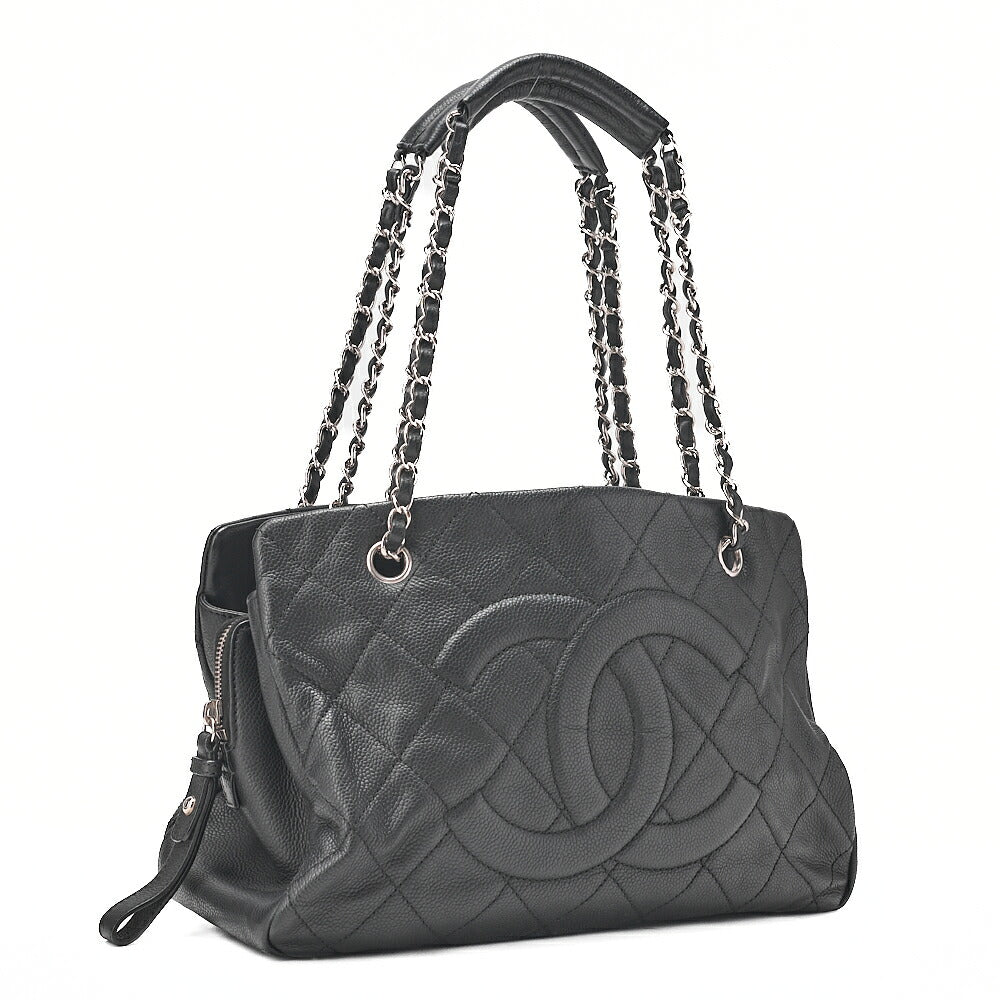 CHANEL Caviar Skin Matelasse DekaCoco Mark Chain Tote Bag Black Silver-Tone Hardware, Pre-Owned