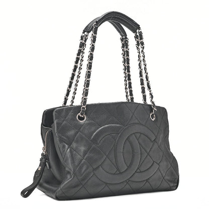 CHANEL Caviar Skin Matelasse DekaCoco Mark Chain Tote Bag Black Silver-Tone Hardware, Pre-Owned