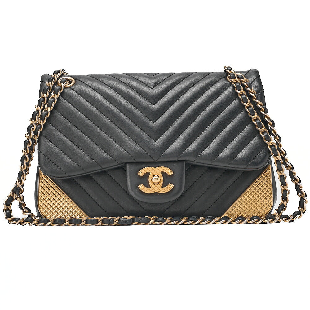 CHANEL Lambskin V-Stitch Turn Lock Chain Shoulder Black Gold-Tone Hardware, Pre-Owned