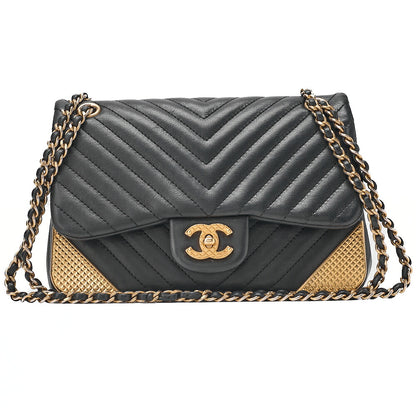 CHANEL Lambskin V-Stitch Turn Lock Chain Shoulder Black Gold-Tone Hardware, Pre-Owned