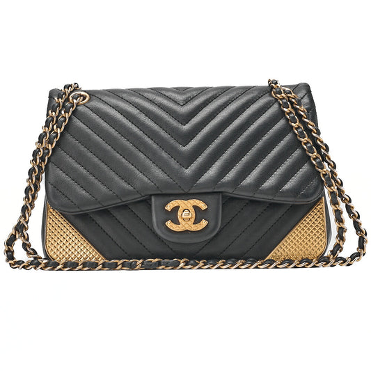 CHANEL Lambskin V-Stitch Turn Lock Chain Shoulder Black Gold-Tone Hardware, Pre-Owned
