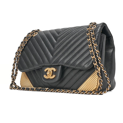 CHANEL Lambskin V-Stitch Turn Lock Chain Shoulder Black Gold-Tone Hardware, Pre-Owned