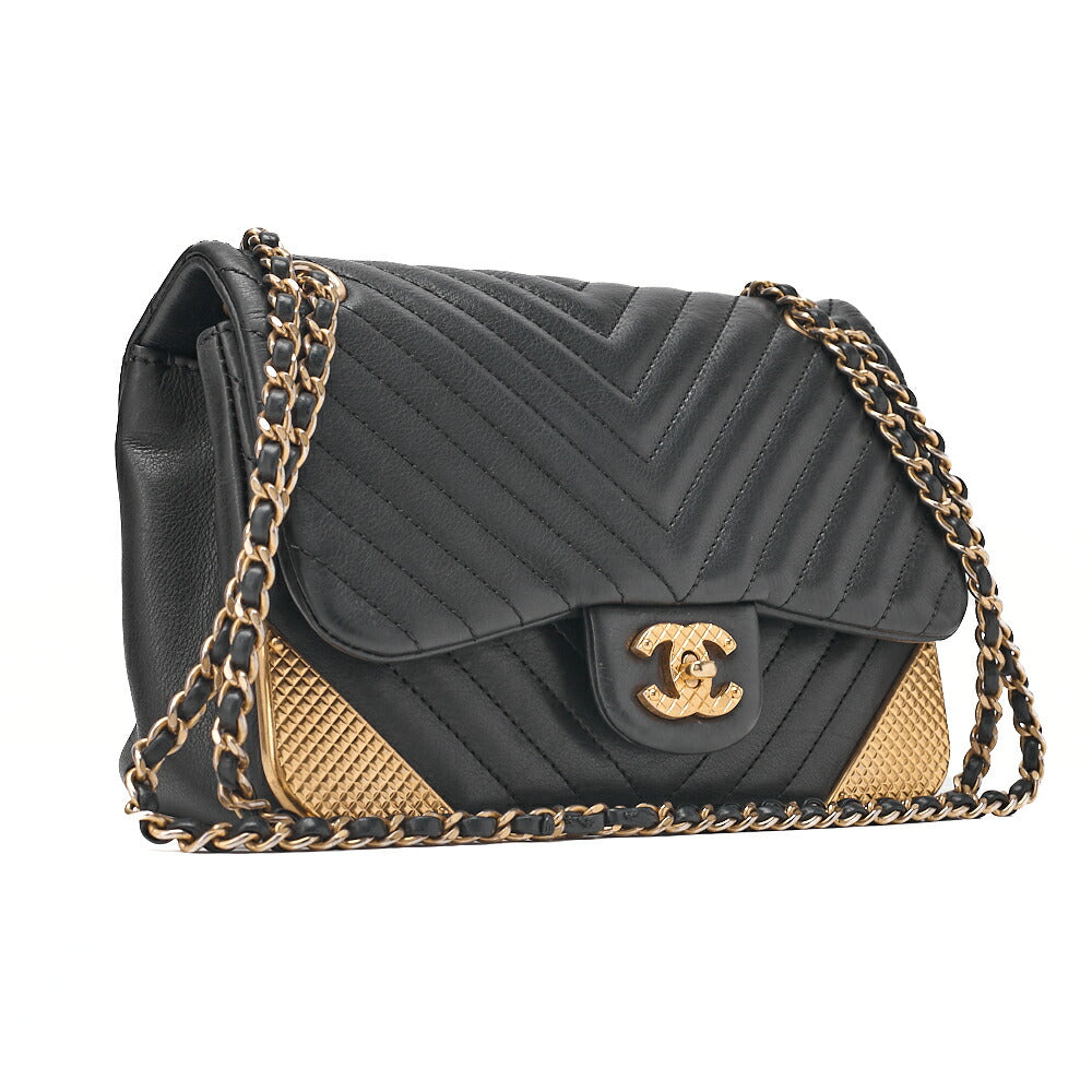 CHANEL Lambskin V-Stitch Turn Lock Chain Shoulder Black Gold-Tone Hardware, Pre-Owned