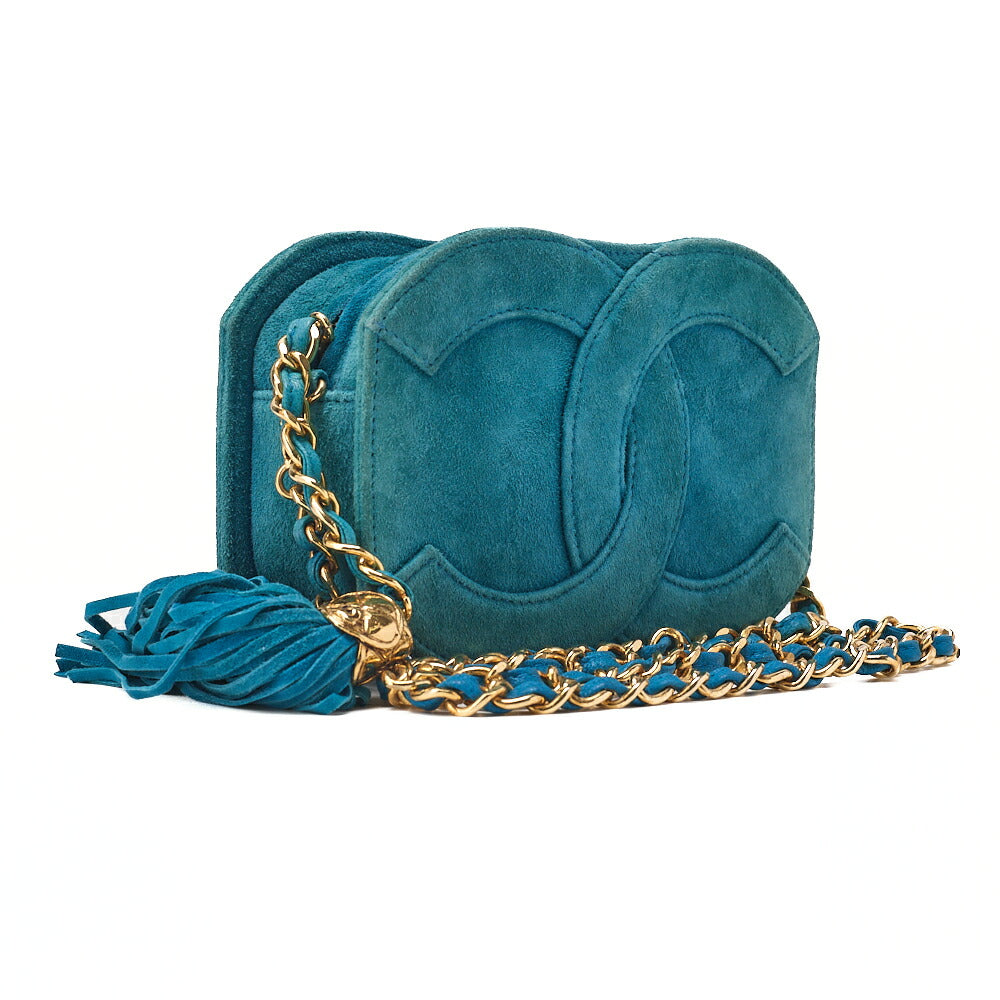CHANEL Suede Coco Mark Fringe Chain Shoulder Green (Gold Hardware) Ladies' Bag High-End Brand [Used] [Free Shipping]