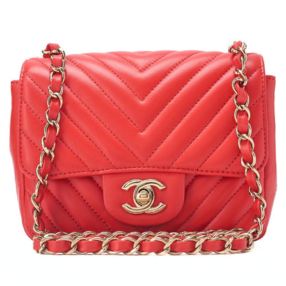 CHANEL Chain Shoulder Bag Mini Matelasse 17cm Lambskin V-Stitch Single Flap Red Gold-Tone Hardware, Pre-Owned