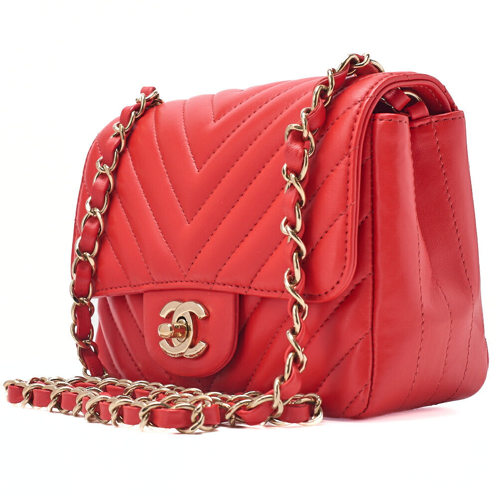 CHANEL Chain Shoulder Bag Mini Matelasse 17cm Lambskin V-Stitch Single Flap Red Gold-Tone Hardware, Pre-Owned