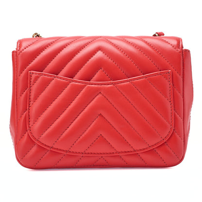 CHANEL Chain Shoulder Bag Mini Matelasse 17cm Lambskin V-Stitch Single Flap Red Gold-Tone Hardware, Pre-Owned