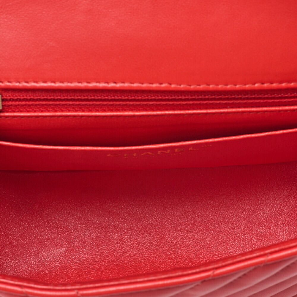 CHANEL Chain Shoulder Bag Mini Matelasse 17cm Lambskin V-Stitch Single Flap Red Gold-Tone Hardware, Pre-Owned