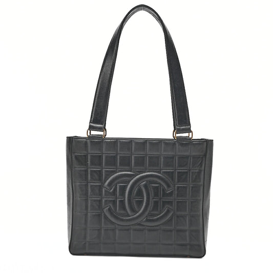 CHANEL Tote Bag Choco Bar Coco Mark Lambskin Black Gold-Tone Hardware, Pre-Owned