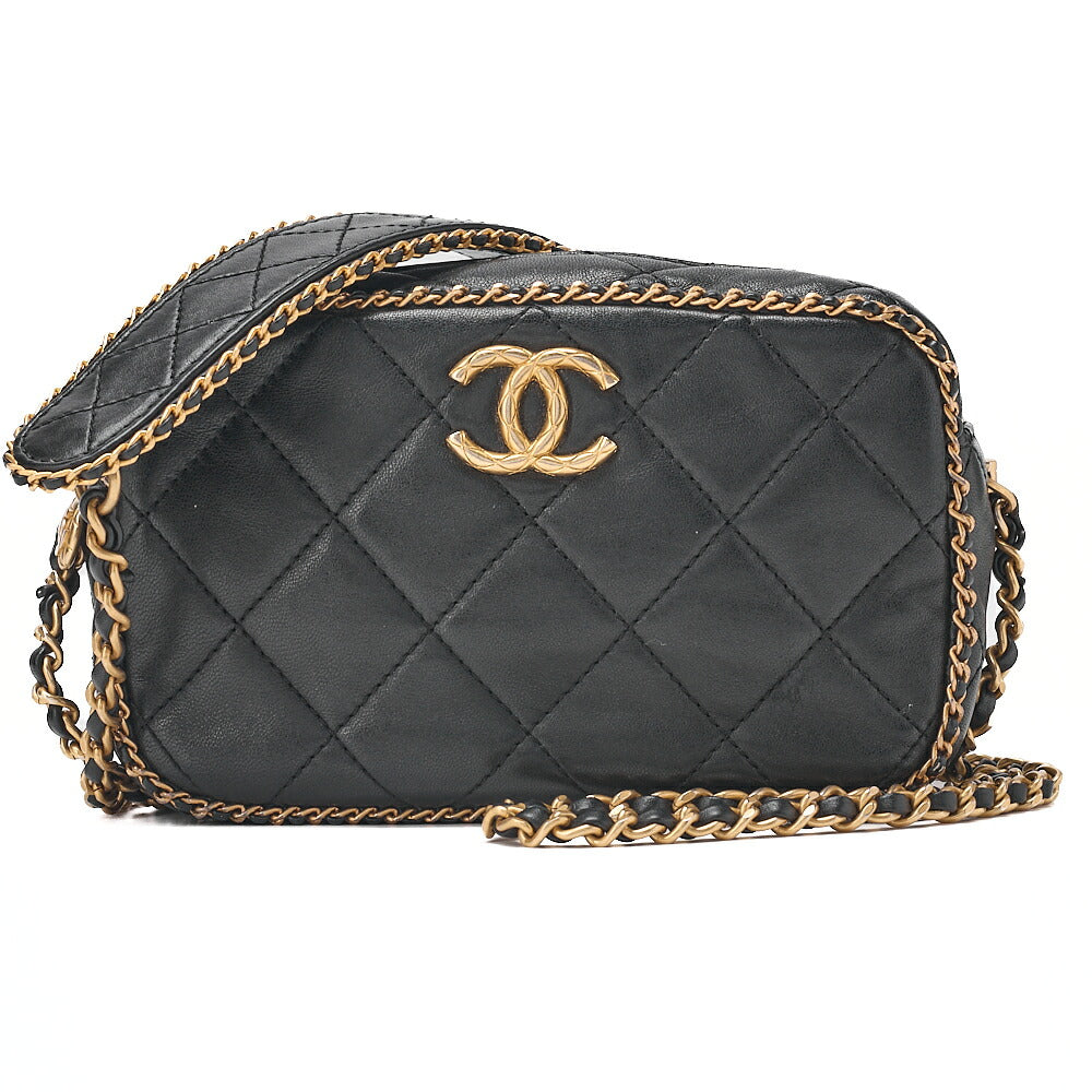 CHANEL Lambskin Luxury Line Coco Mark Chain Shoulder Black Gold-Tone Hardware, Pre-Owned