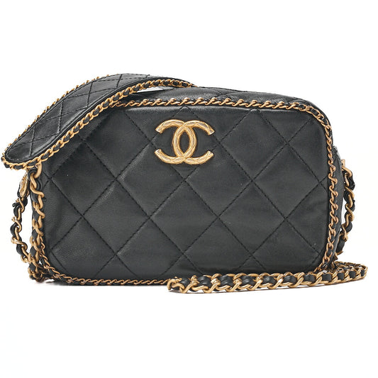CHANEL Lambskin Luxury Line Coco Mark Chain Shoulder Black Gold-Tone Hardware, Pre-Owned