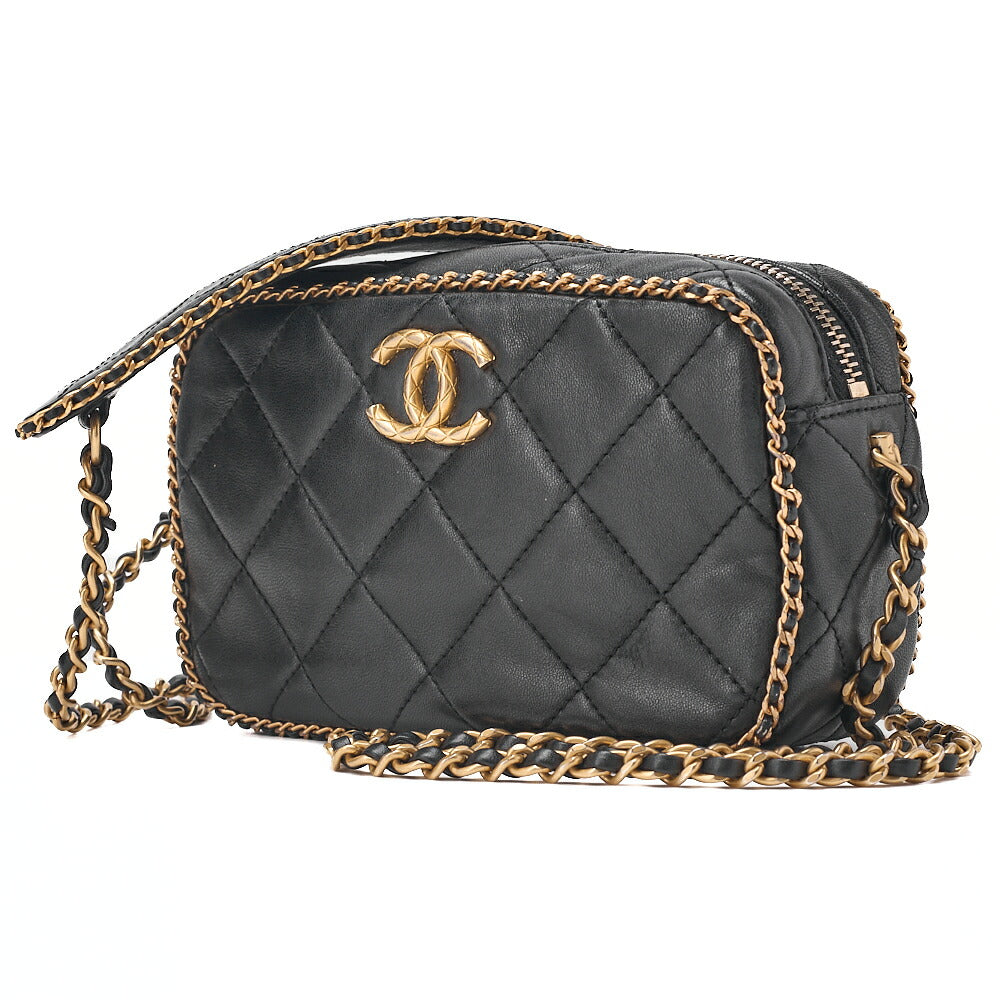 CHANEL Lambskin Luxury Line Coco Mark Chain Shoulder Black Gold-Tone Hardware, Pre-Owned