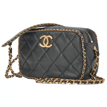 CHANEL Lambskin Luxury Line Coco Mark Chain Shoulder Black Gold-Tone Hardware, Pre-Owned