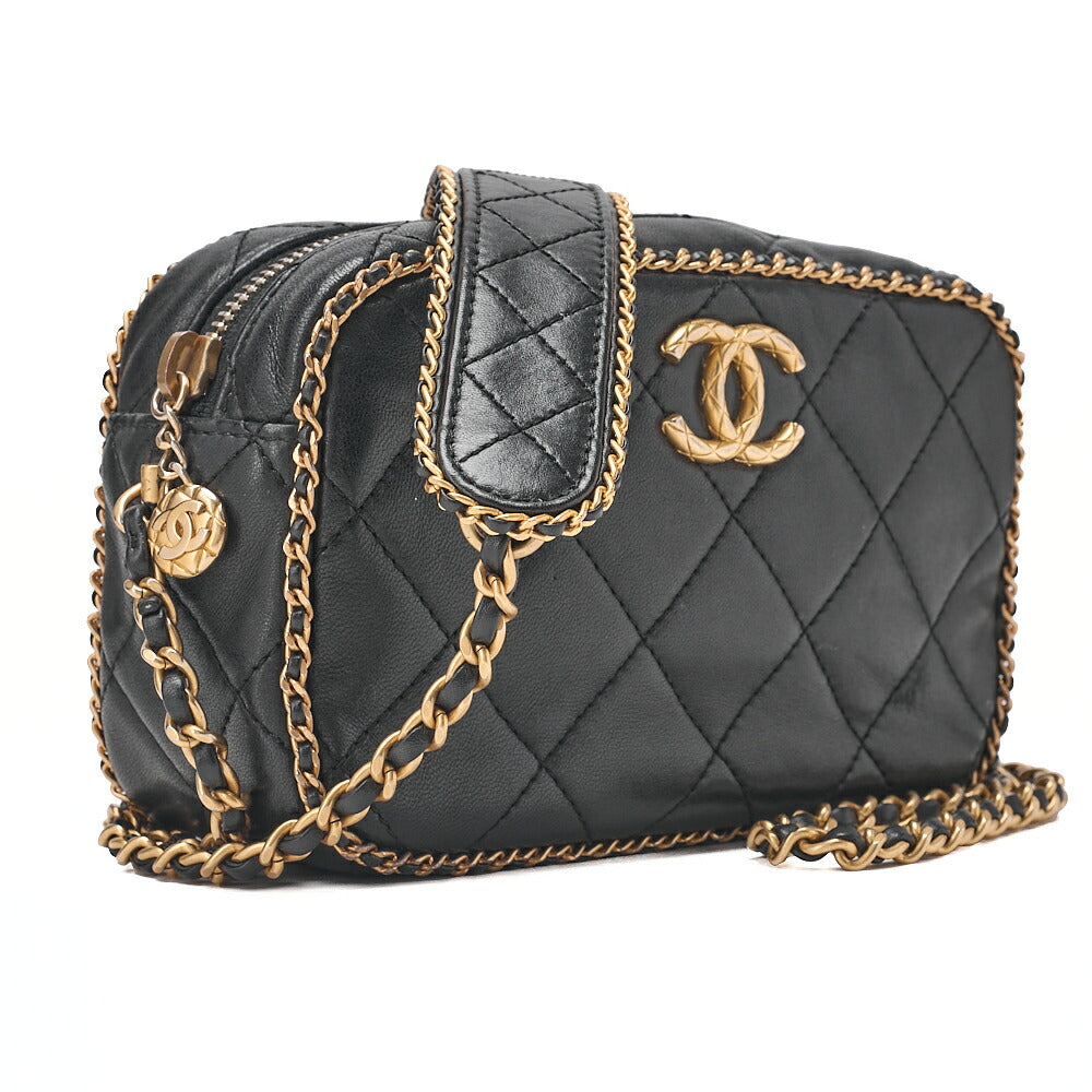 CHANEL Lambskin Luxury Line Coco Mark Chain Shoulder Black Gold-Tone Hardware, Pre-Owned