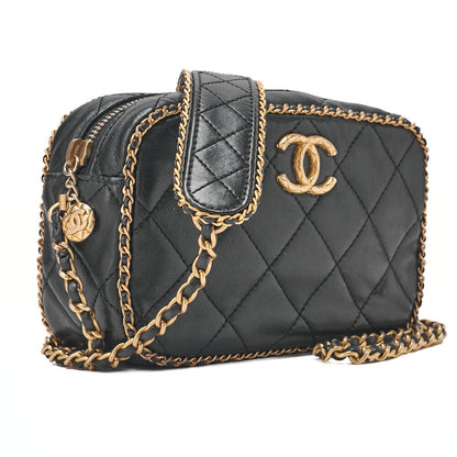 CHANEL Lambskin Luxury Line Coco Mark Chain Shoulder Black Gold-Tone Hardware, Pre-Owned