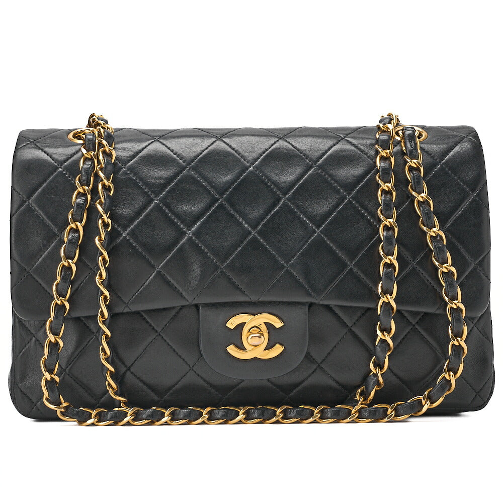 CHANEL Lambskin Matelasse 25cm Double Flap Chain Shoulder Black Gold-Tone Hardware, Pre-Owned