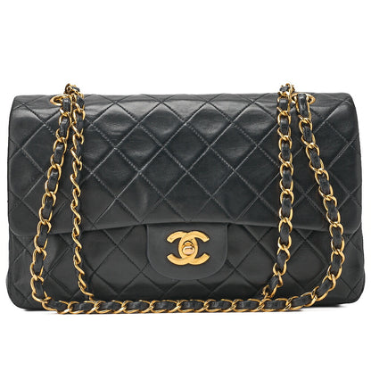 CHANEL Lambskin Matelasse 25cm Double Flap Chain Shoulder Black Gold-Tone Hardware, Pre-Owned