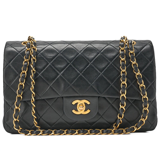CHANEL Lambskin Matelasse 25cm Double Flap Chain Shoulder Black Gold-Tone Hardware, Pre-Owned
