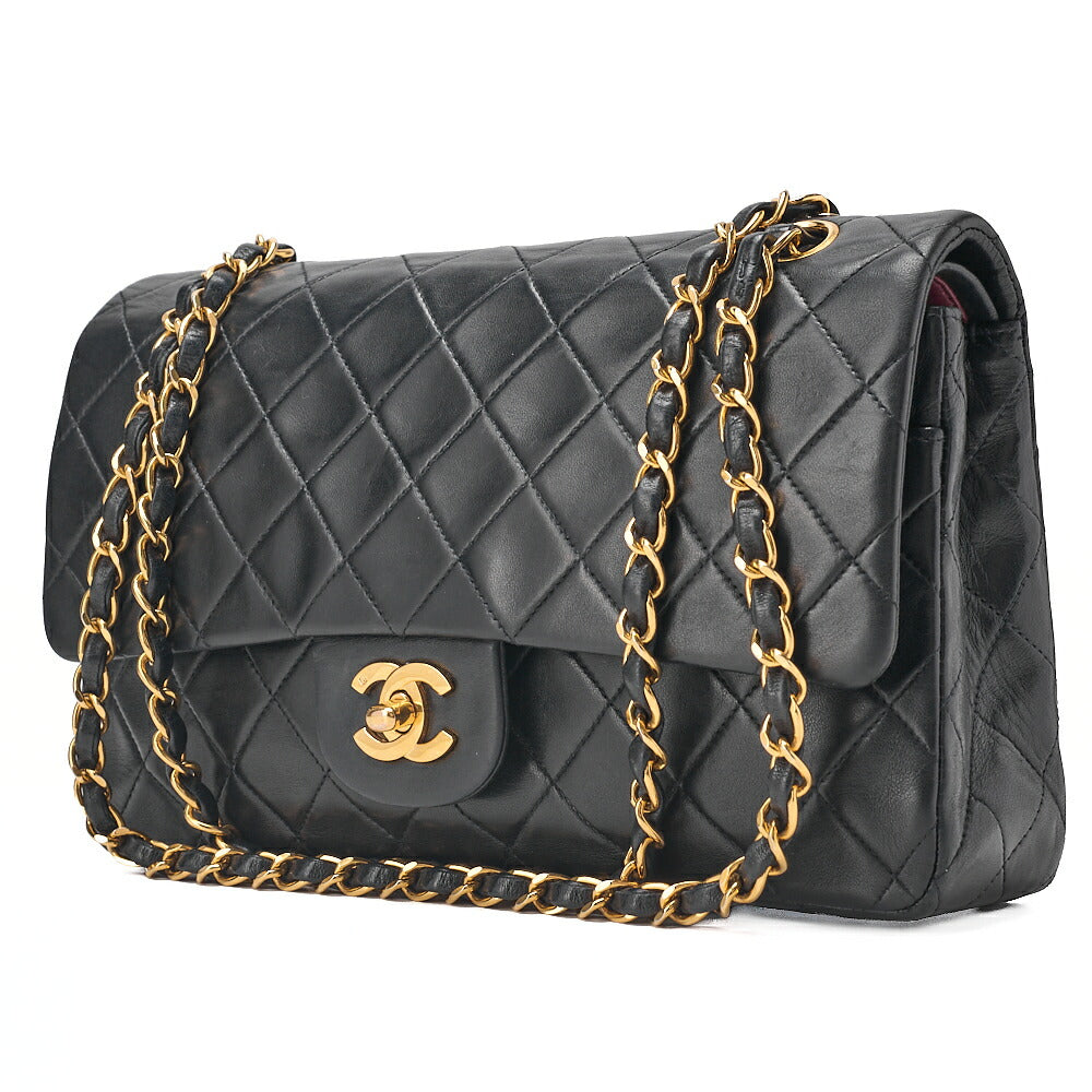 CHANEL Lambskin Matelasse 25cm Double Flap Chain Shoulder Black Gold-Tone Hardware, Pre-Owned