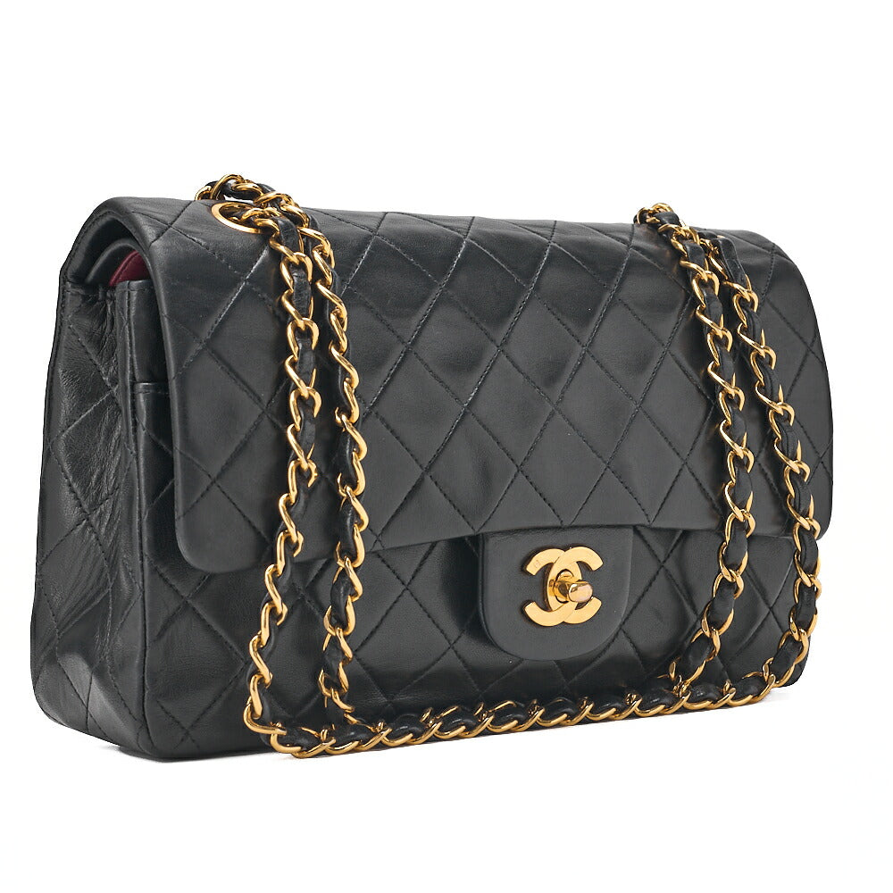 CHANEL Lambskin Matelasse 25cm Double Flap Chain Shoulder Black Gold-Tone Hardware, Pre-Owned