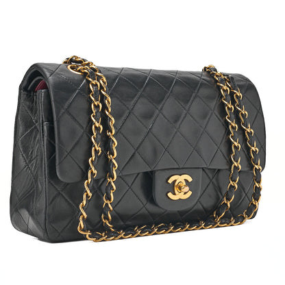 CHANEL Lambskin Matelasse 25cm Double Flap Chain Shoulder Black Gold-Tone Hardware, Pre-Owned